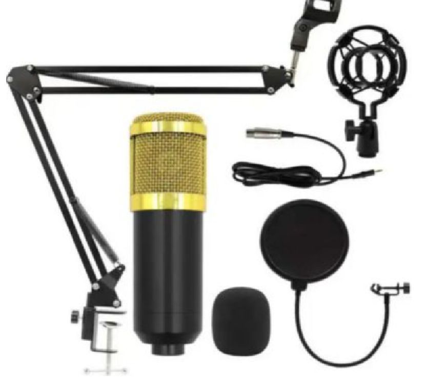 KIT MICRÓFONO CONDENSADOR PROFESIONAL CON SOPORTE NEGRO CON DORADO