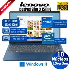 LENOVO - Laptop IdeaPad Slim 3 15IRH8 15.6" FHD TN,Core i7-13620H,Ram 16GB, Ssd 1 TB, Win 11 Pro