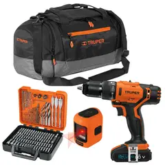 TRUPER - COMBO TALADRO PERCUTOR inalámbrico20V, Nivel laser, 100 Brocas 1maleta