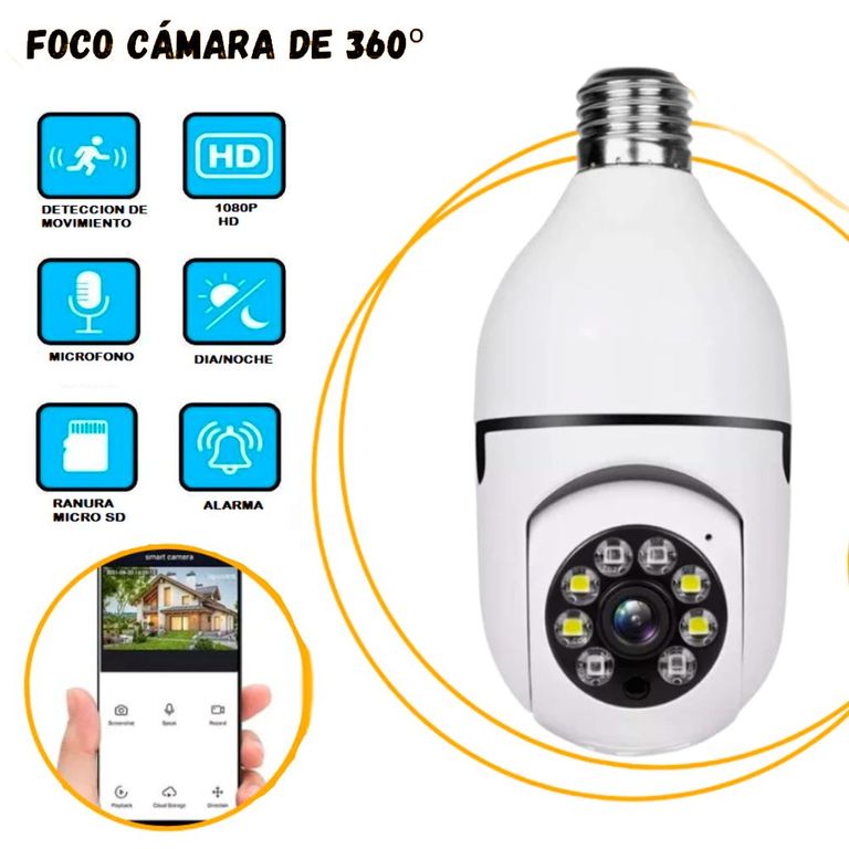 Foco Camara de Seguridad de 360° con Wifi Full HD Con Vision Nocturna y Altavoz