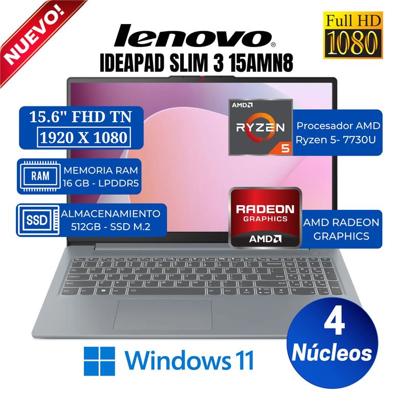 Laptop IdeaPad Slim 3 15AMN8 15.6" FHD TN, AMD Ryzen 5-7520U ,Ram 16GB, SSD 512GB, Win 11