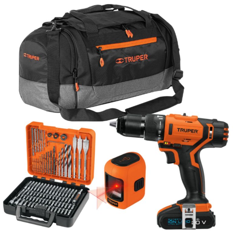 COMBO TALADRO PERCUTOR inalámbrico20V, Nivel laser, 100 Brocas 1maleta