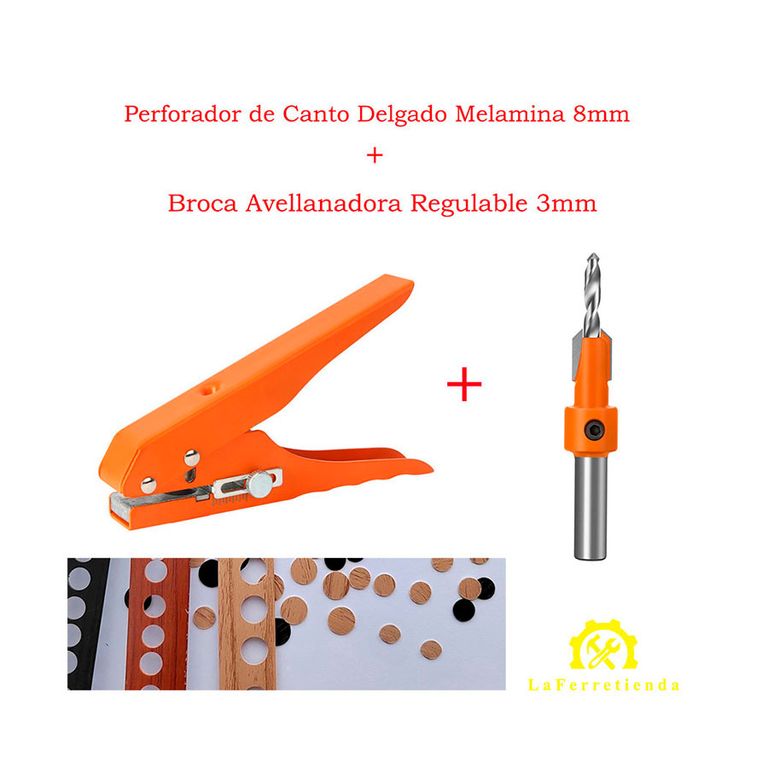 KIT Perforador Canto Melamina Tapa Tornillos + Avellanador 3mm
