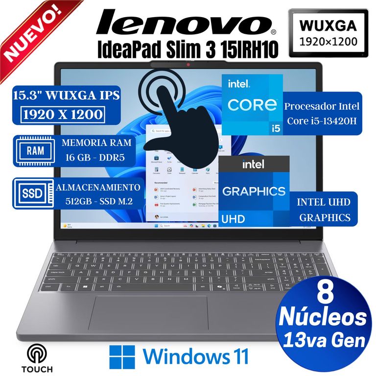 Laptop IdeaPad Slim 3 15IRH10 15.3" WUXGA Táctil, Core i5-13420H, Ram 16GB, SSD 512GB, Win 11