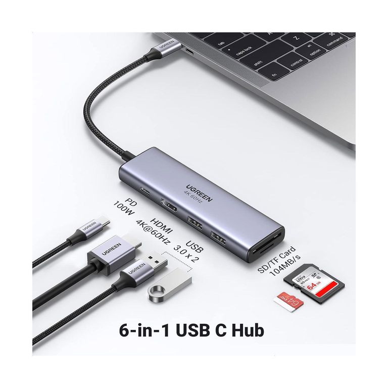 Adaptador Hub USB C 6 en 1 PD, 2x USB 3.0 HDMI SD microSD -