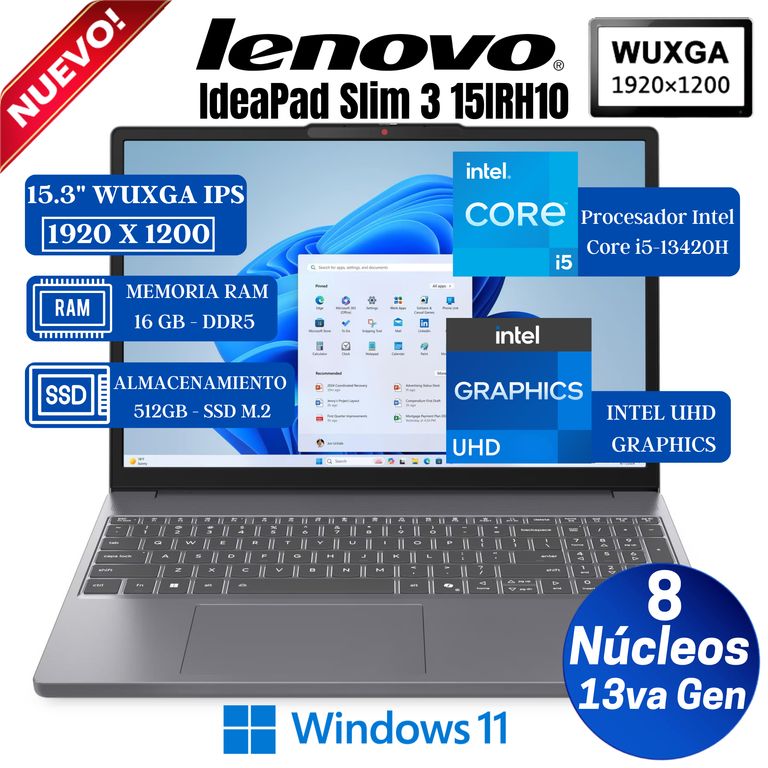 Laptop IdeaPad Slim 3 15IRH10 15.3" WUXGA IPS Core i5-13420H, Ram 16GB, SSD 512GB, Win 11 Pro