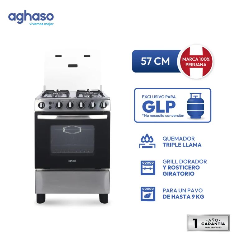 Cocina de Piso 4 Hornillas Premium Plata Gas GLP con Horno de 67 L