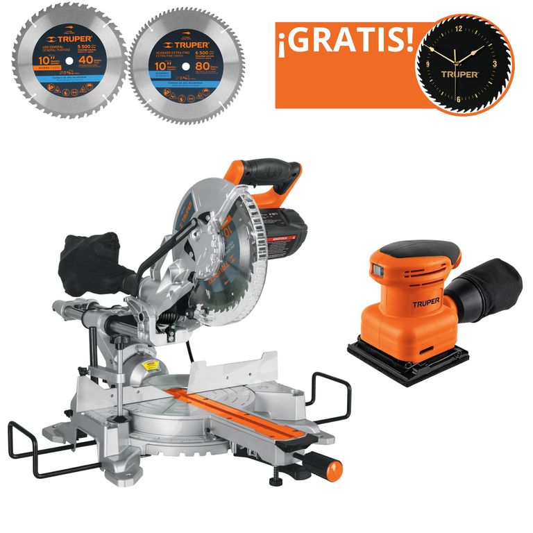 Combo Sierra ingleteadora telescópica 1800W 2 discos lijadora orbital