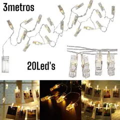OEM - Tira LED Blanco Calido 3metros 20LEDs Ganchos para Fotos y Tarjetas