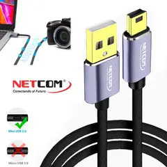 NETCOM - Cable USB 2.0 a Mini USB V3 5 pines 1.8 Metros 480Mbps nylon
