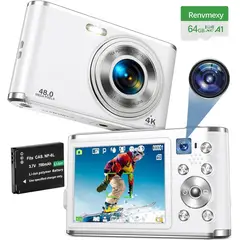 RENVMEXY - Cámara Digital Doble 4K 48MP DC306L 64GB Plata