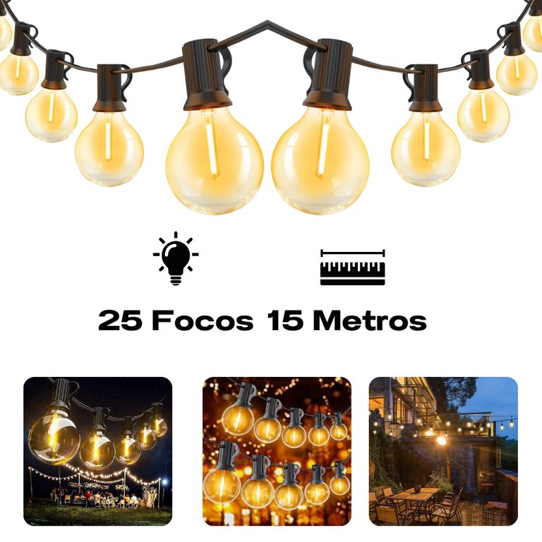 Guirnalda Luces Vintage Colgante 25 FOCOS 15 metros LED Jardin