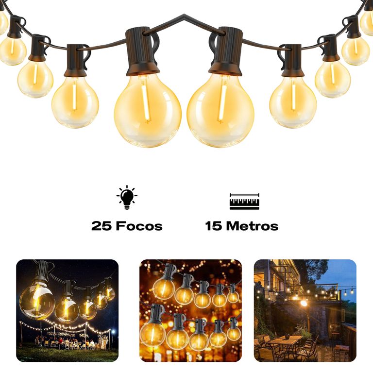 Luces Guirnaldas 15 Metros 25 Bombillas De Exteriores Luz Led