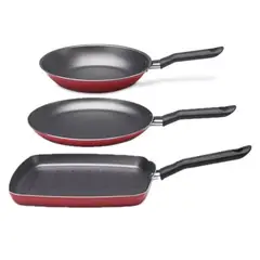 BRINOX - Juego de Sarten, Panquequera y Grill 3 Piezas Garlic Rojo