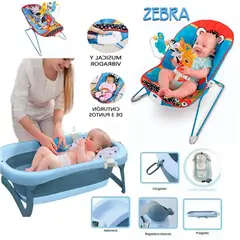 BABY KITS - Tina de baño con termómetro JELLY azul y Mecedora zebra