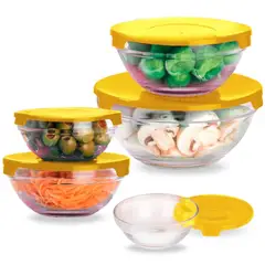 MINARI - Set 05 Bowls de Vidrio Tápers Herméticos con Tapa Amarillo 45V