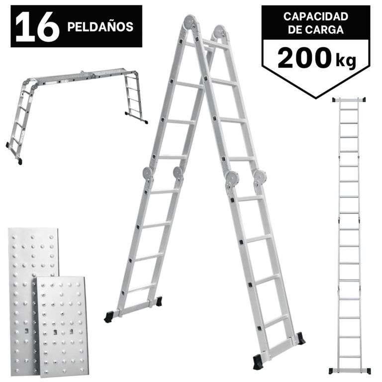 Escalera Multiposición 16 peldaños articulada Soporta 200 Kg