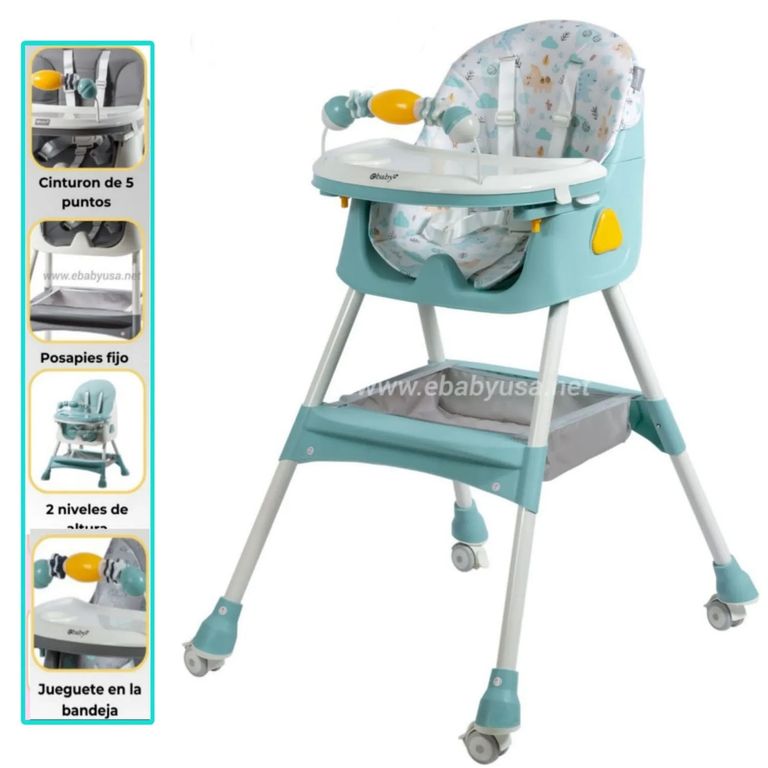 Silla de Comer Plegable Doble Bandeja LULU Verde con Ruedas