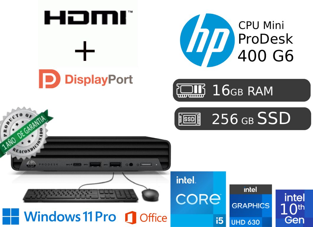 ProDesk Mini 400 G6 i5 10ma 16GB RAM 256GB SSD Reacondicionada 1 Año de garantía HDMI DP