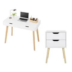 VENTITAS HOME - COMBO Velador y Escritorio Vintage Luna 2 Cajones Color Blanco