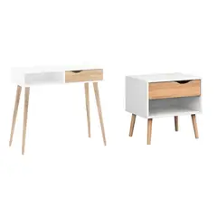 VENTITAS HOME - COMBO Velador y Escritorio Julissa 2 Cajones Blanco y Duna