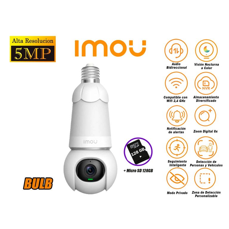 Cámara Seguridad Foco WiFi BULB CAM 5MP 360° Noche Color + SD 128GB
