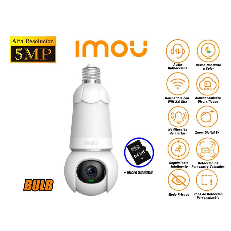 Cámara Seguridad Foco Wi-Fi BULB CAM 5MP 360° Noche Color + SD 64GB