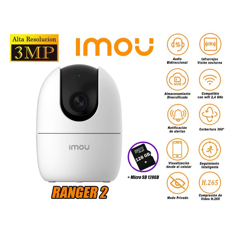 Cámara de Seguridad Wi-Fi RANGER 2 Gira 360° 3MP + Micro SD 128GB