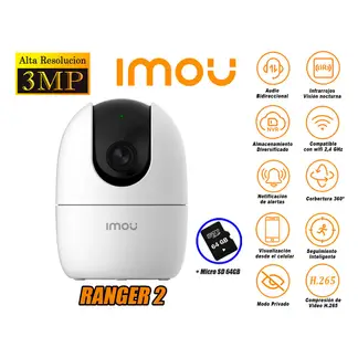 IMOU - Cámara de Seguridad Wi-Fi RANGER 2 Gira 360° 3MP + Micro SD 64GB