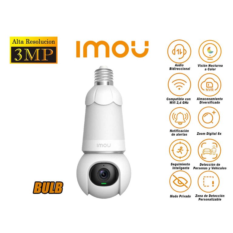 Cámara Seguridad Foco Wi-Fi BULB CAM 3MP Gira 360° Noche Color
