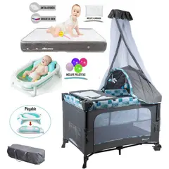 EBABY - Cuna corral Dacora GA y Colchón Plomo y Tina Azul