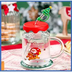 GENERICO - Taza con sorbete de vidrio con diseño de papa Noel con su alce