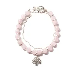 GENERICO - Pulsera de Plata con Piedras Cuarzo Rosado y Dije Árbol de la Vida