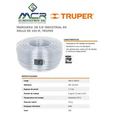 TRUPER - Manguera industrial transparente 5/8" rollo 100 metros