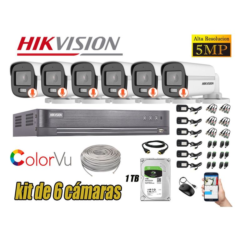 CÁMARAS SEGURIDAD EXTERIOR KIT 6 5MP + DISCO 1TB COLORVU