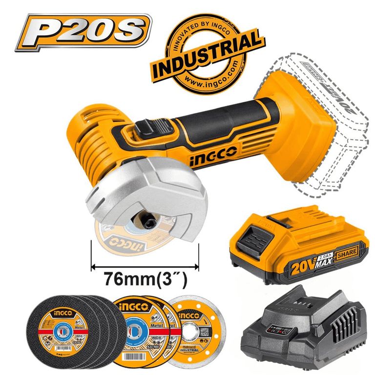 Amoladora angular 20V + 7 discos + cargador + 1 bateria 2ah Ingco