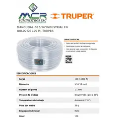 TRUPER - Manguera industrial transparente 5/16" rollo 100 metros 19866