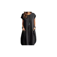 XHCY - Vestido De Manga Corta Con Bolsillo Suelto De Lino Y Algodón