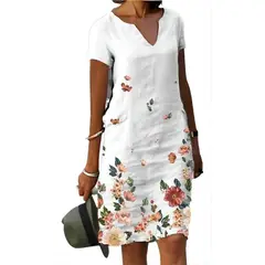 XHCY - Casual Vestido Dama Medio De Algodón Y Lino De Floreado
