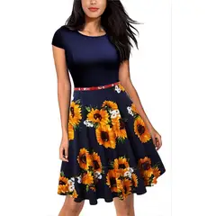 XHCY - Floral Impresión Elegante Casual Vestidos Cinturón Swing Ves