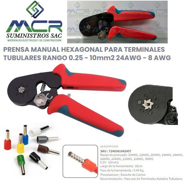ALICATE PRENSA TERMINAL TUBULAR SOBREMOLDEADO 6 PUNTAS 24AWG -8AWG