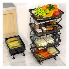 GRETAIL - Estante Organizador Verdulero Frutero Plegable 4 Pisos Ruedas Negro