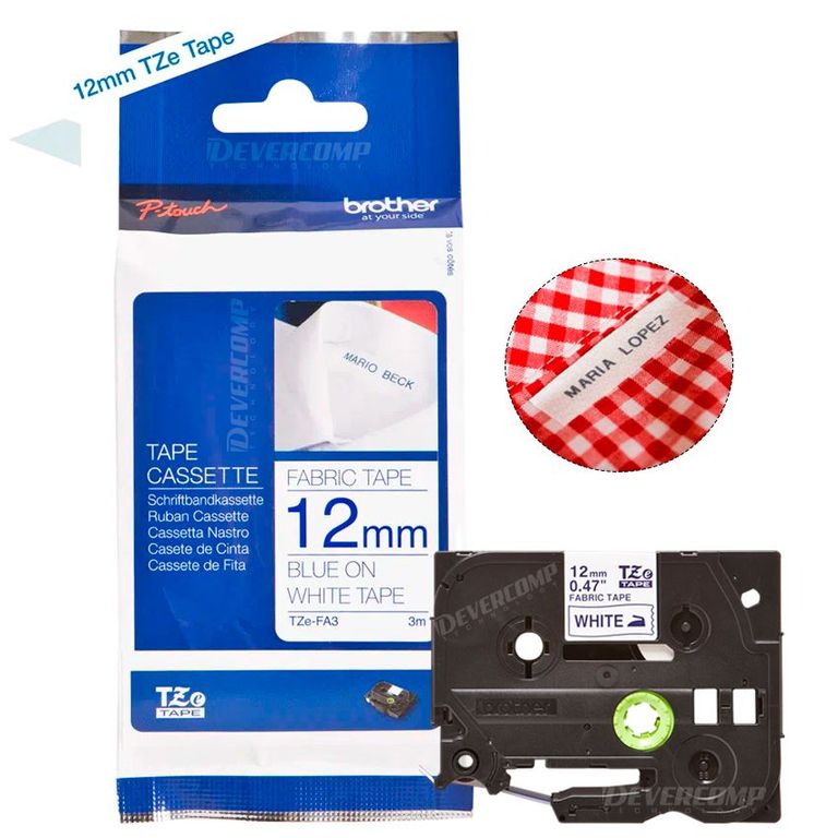 Cinta Textil TZE-FA3 (12mm x 3 mts) Texto azul y fondo blanco