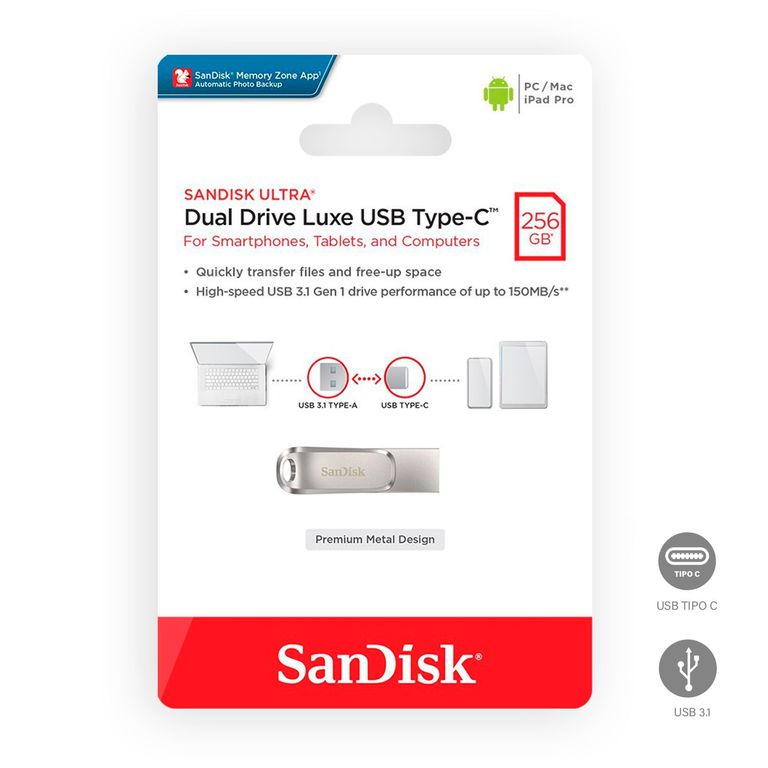 Memoria USB Ultra Dual Drive Luxe 256GB TipoC Acero