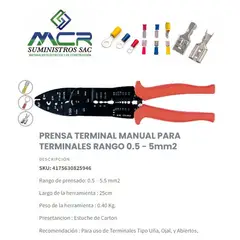 GENERICO - PRENSA TERMINAL MANUAL RANGO 0.5 - 5.5mm2 Tipo Uña, Ojal, y Abiertos