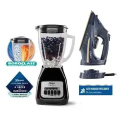 OSTER - Combo Licuadora de 2 velocidades Negro y Plancha 2 en 1