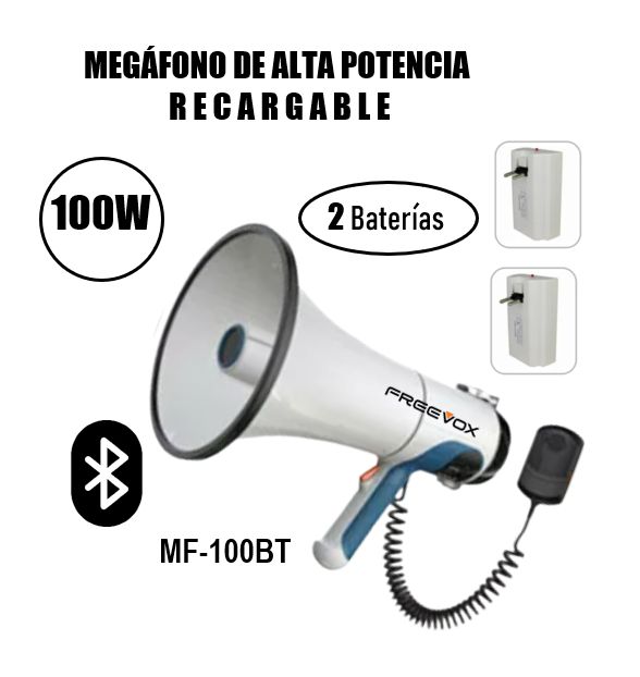 MEGAFONO SUPER POTENTE RECARGABLE 100w USB - BT - 2 BATERIAS