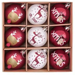 GENERICO - ESFERAS DE NAVIDAD 9 UNDADES 6 CM ROJO CON BLANCO