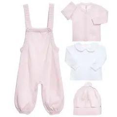 GENERICO - Ajuar Overall de Hilo para Bebe Niña Rosado de Algodón 4 Piezas
