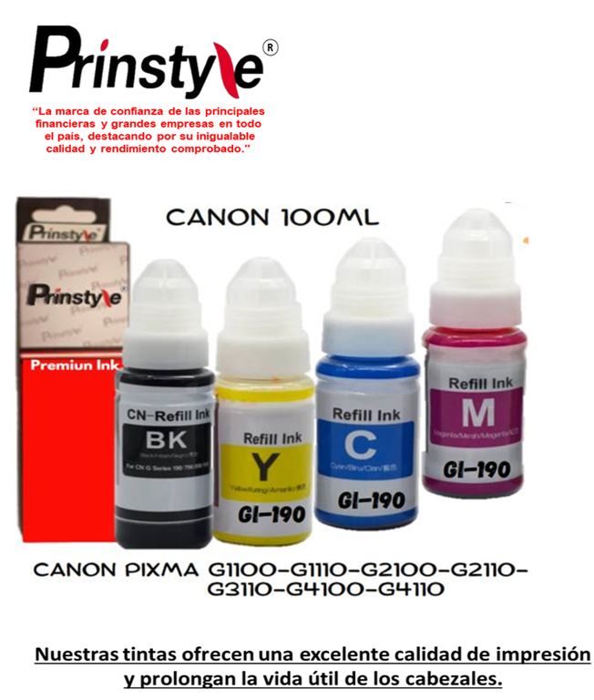PACK DE TINTAS COMPATIBLES GI190 CANON 100ML (04 COLORES B-C-Y-M)